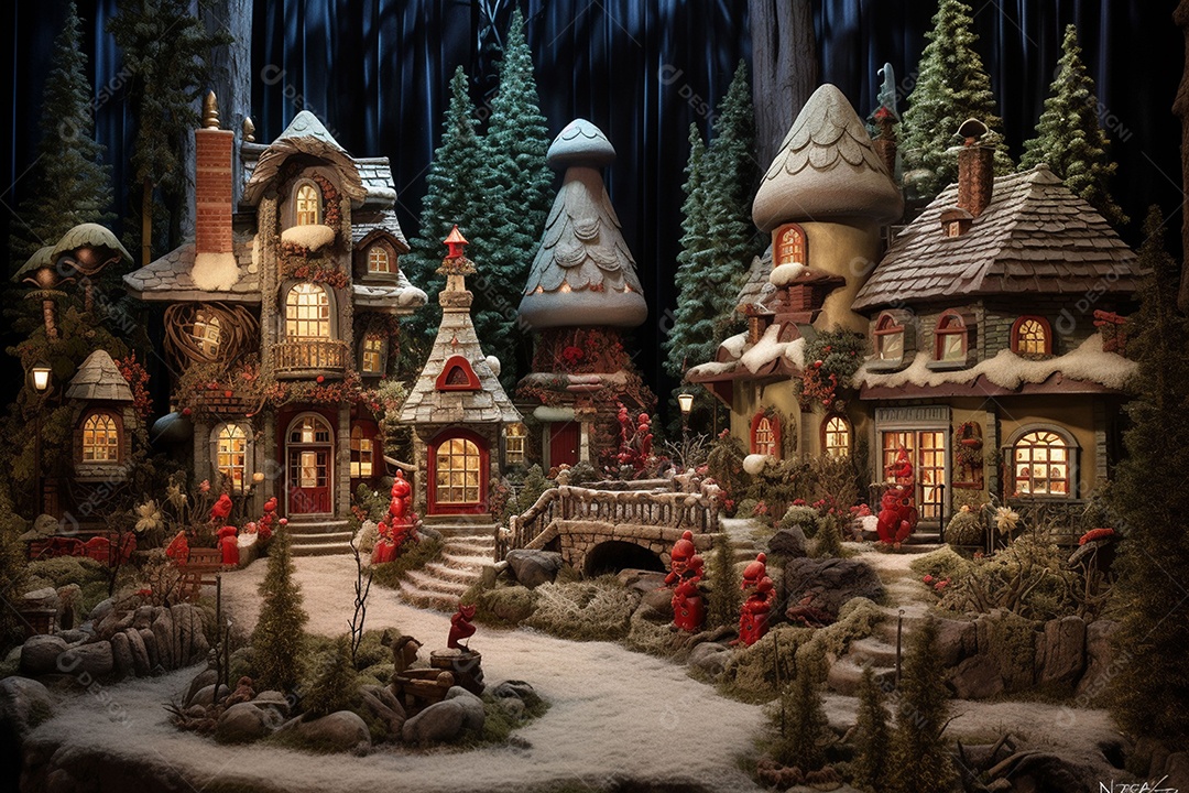 Uma floresta encantada com linda casa do Papai Noel