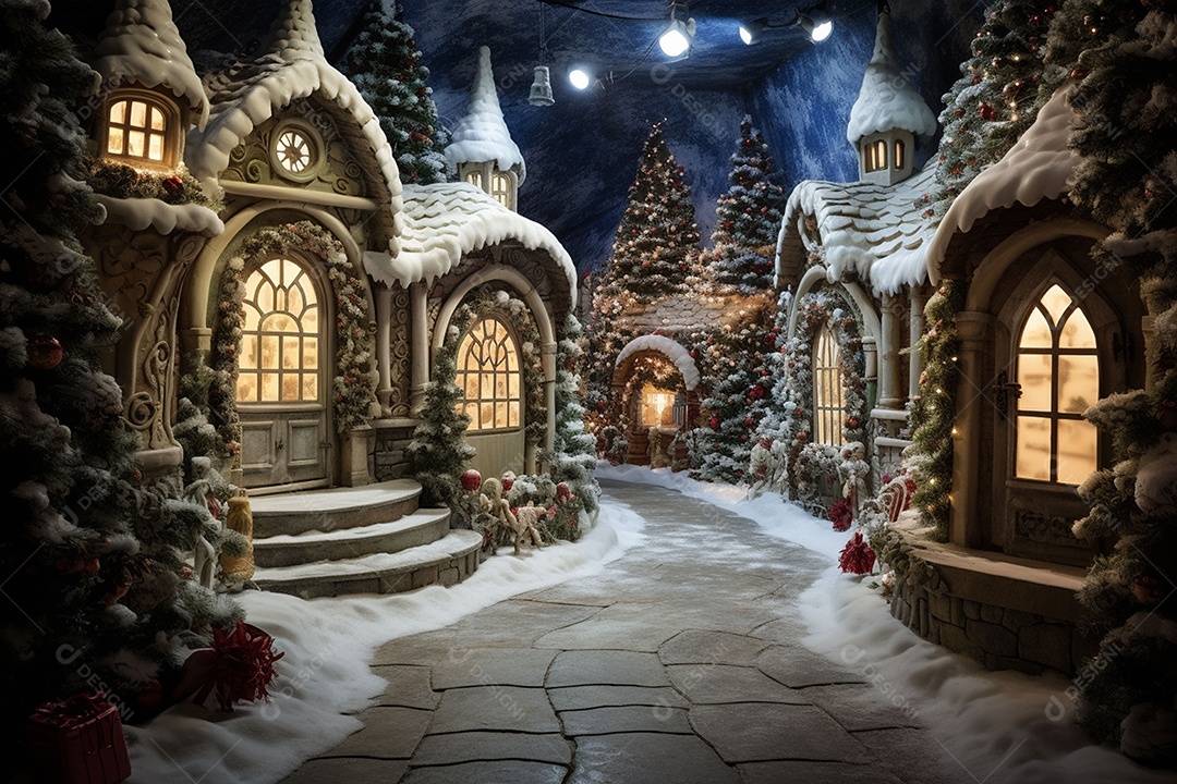 Uma floresta encantada com linda casa do Papai Noel