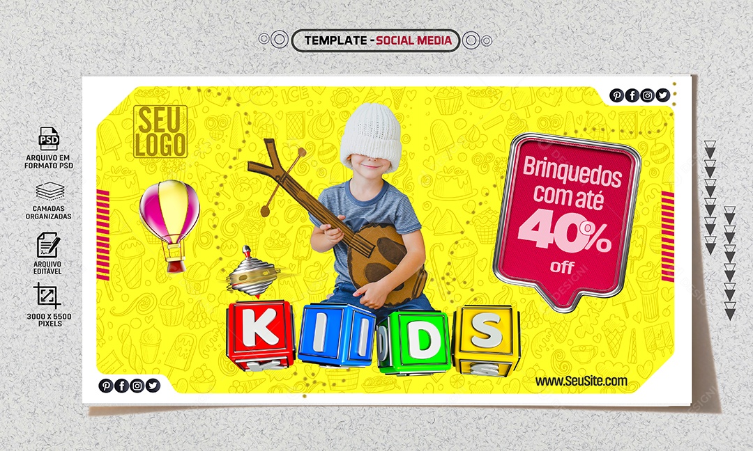 Social Media Banner Kids Brinquedos Com 40% Off PSD Editável