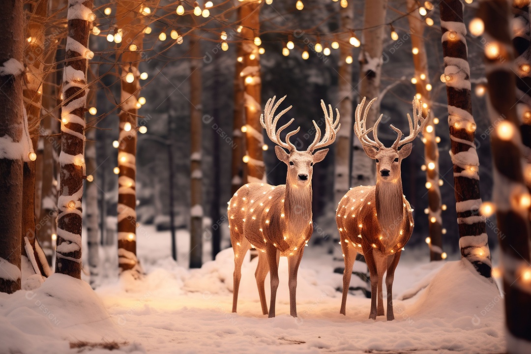 Lindos cervos e festival de natal em pinheiros com decoração espetacular