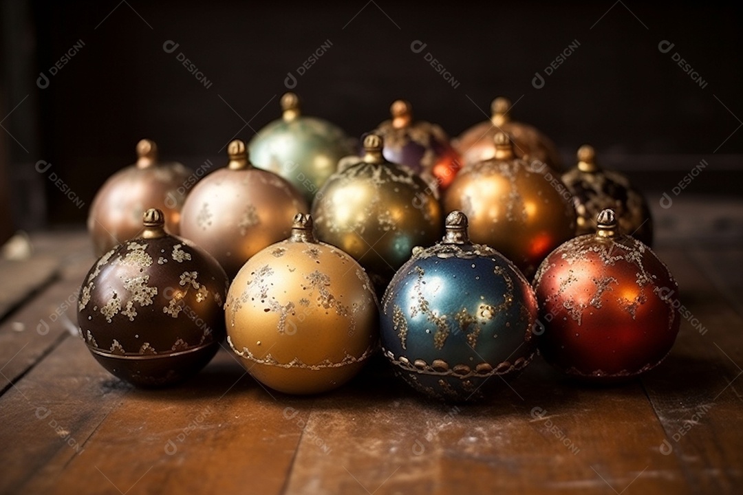 Lindas e majestosas bolas de árvore de Natal de brinquedo antigo. Joias festivas feitas de metais preciosos. Luzes do feriado noturno de Natal e Ano Novo. Padrões antigos em bolas de metal. IA