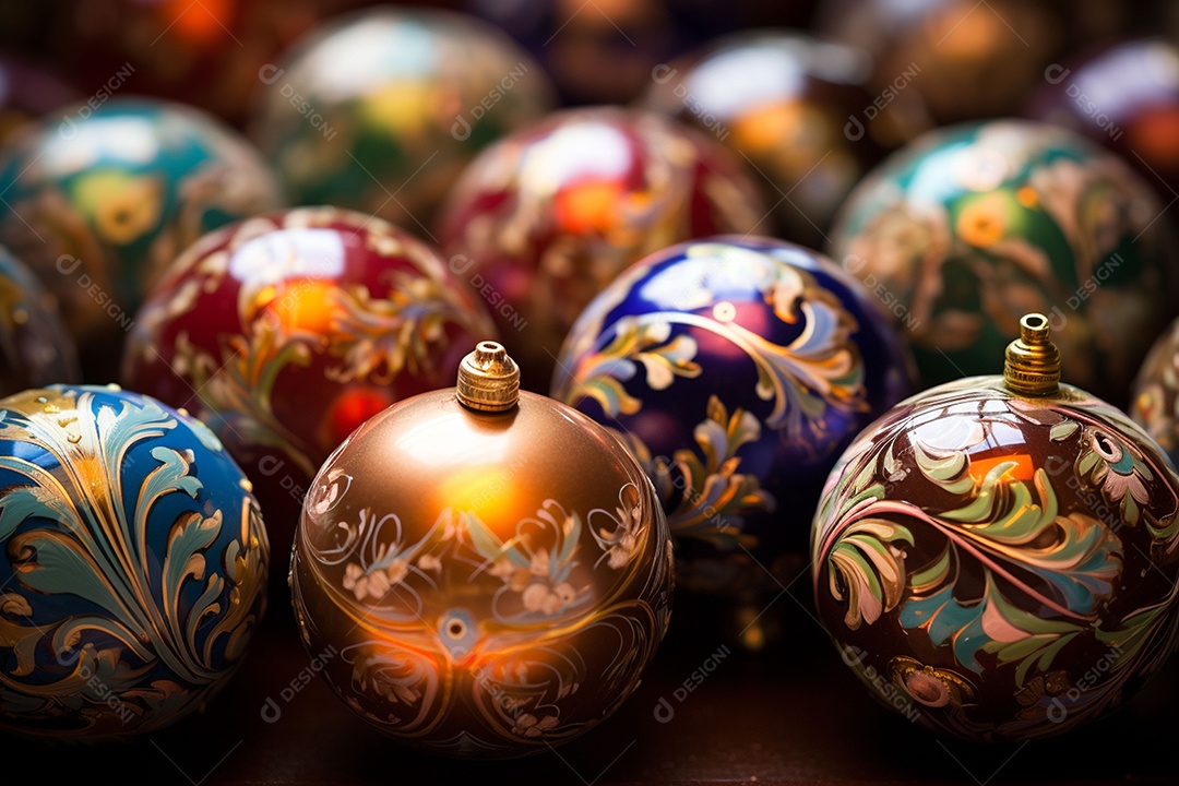 Lindas e majestosas bolas de árvore de Natal de brinquedo antigo. Joias festivas feitas de metais preciosos. Luzes do feriado noturno de Natal e Ano Novo. Padrões antigos em bolas de metal. IA