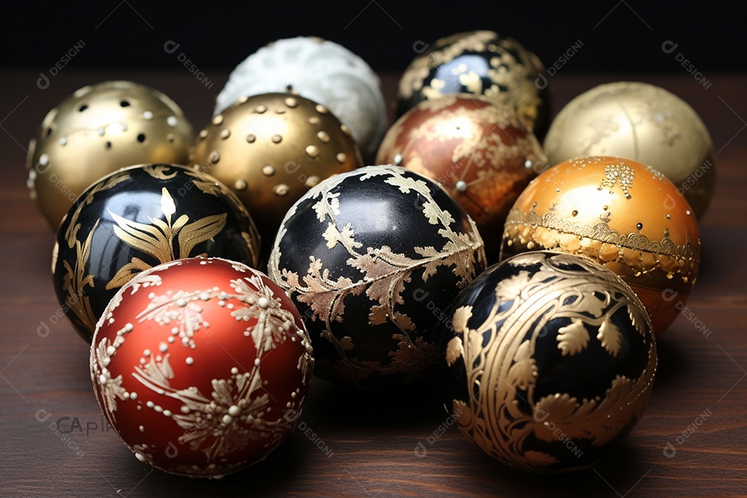 Lindas e majestosas bolas de árvore de Natal de brinquedo antigo. Joias festivas feitas de metais preciosos. Luzes do feriado noturno de Natal e Ano Novo. Padrões antigos em bolas de metal. IA