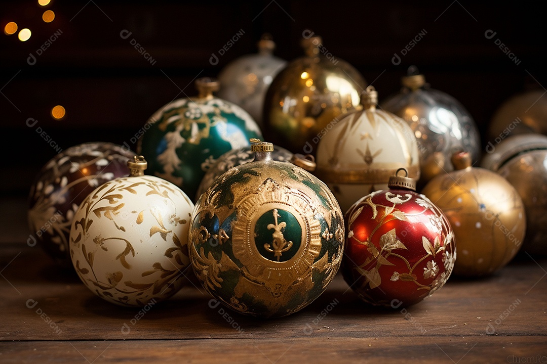 Lindas e majestosas bolas de árvore de Natal de brinquedo antigo. Joias festivas feitas de metais preciosos. Luzes do feriado noturno de Natal e Ano Novo. Padrões antigos em bolas de metal. IA