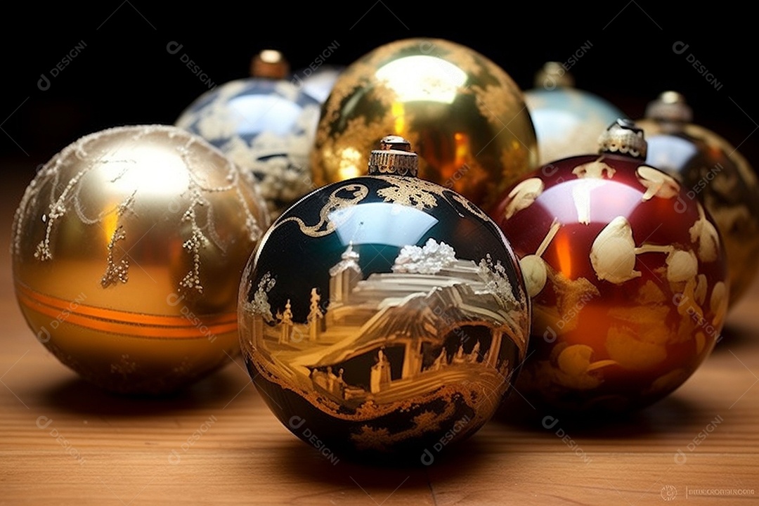 Lindas e majestosas bolas de árvore de Natal de brinquedo antigo. Joias festivas feitas de metais preciosos. Luzes do feriado noturno de Natal e Ano Novo. Padrões antigos em bolas de metal. IA