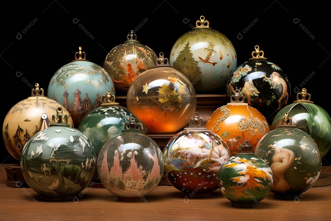 Lindas e majestosas bolas de árvore de Natal de brinquedo antigo. Joias festivas feitas de metais preciosos. Luzes do feriado noturno de Natal e Ano Novo. Padrões antigos em bolas de metal. IA