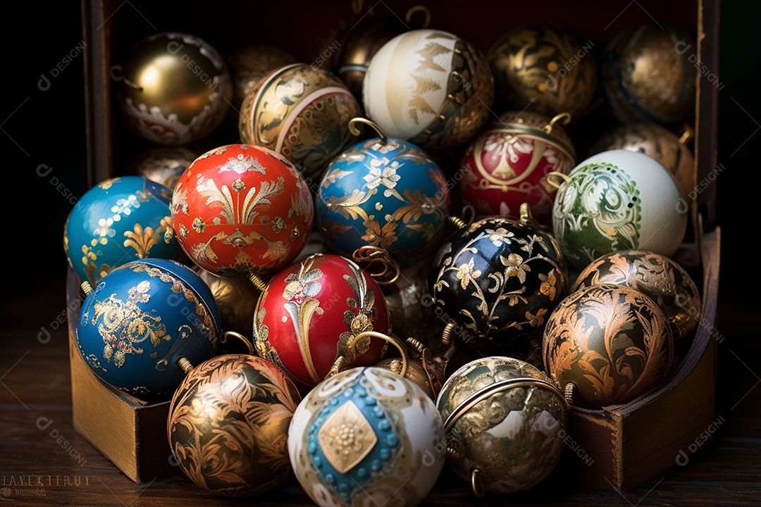 Lindas e majestosas bolas de árvore de Natal de brinquedo antigo. Joias festivas feitas de metais preciosos. Luzes do feriado noturno de Natal e Ano Novo. Padrões antigos em bolas de metal. IA