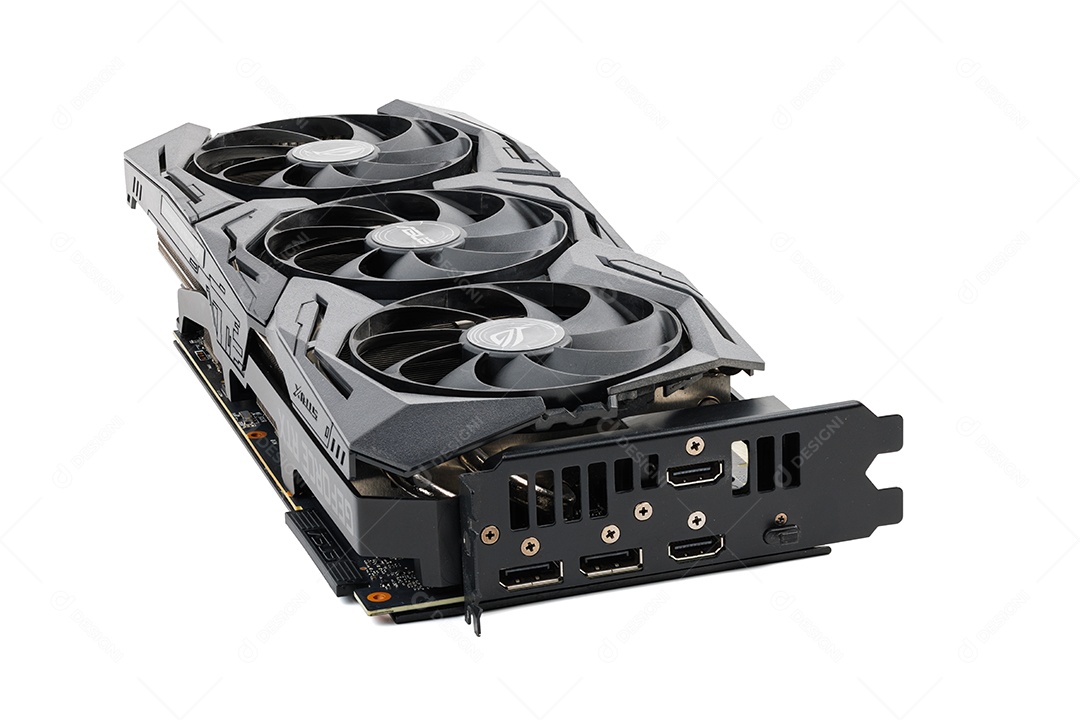 Grande placa de vídeo preta para jogos contemporâneos isolada em fundo branco