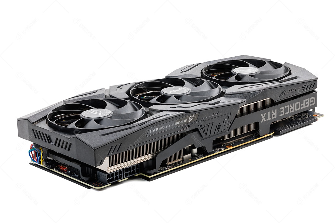 Grande placa de vídeo preta para jogos contemporâneos isolada em fundo branco