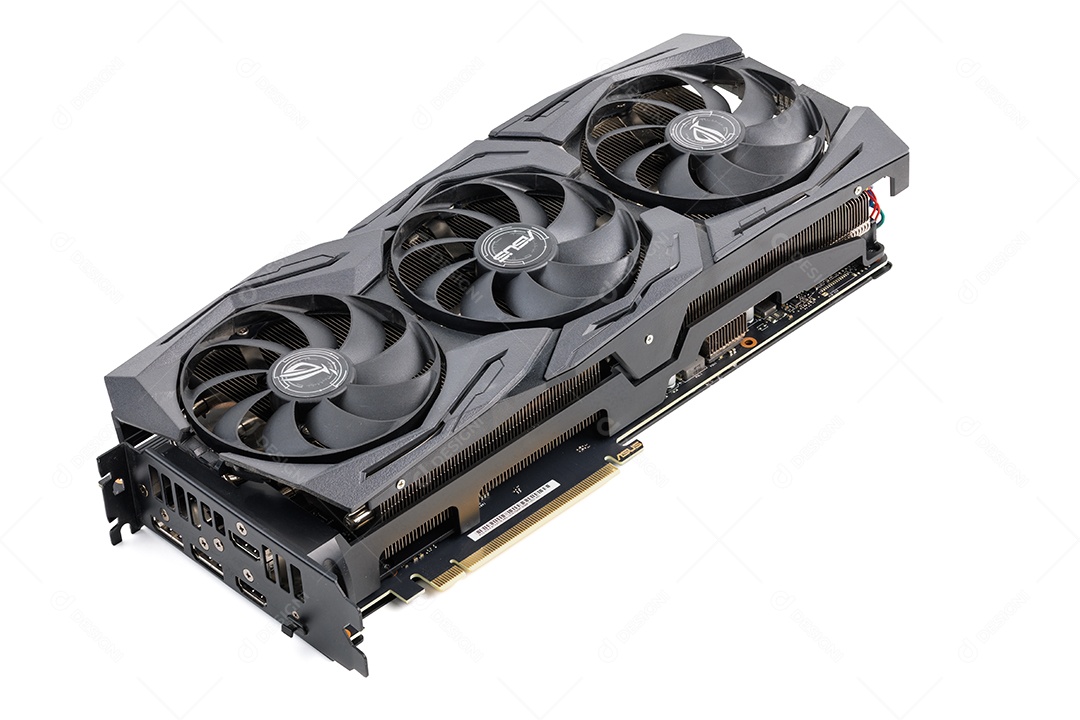 Grande placa de vídeo preta para jogos contemporâneos isolada em fundo branco