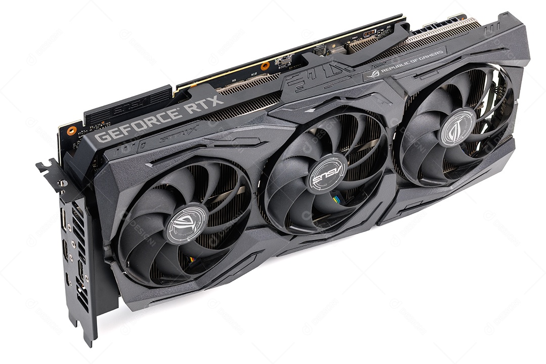 Grande placa de vídeo preta para jogos contemporâneos isolada em fundo branco