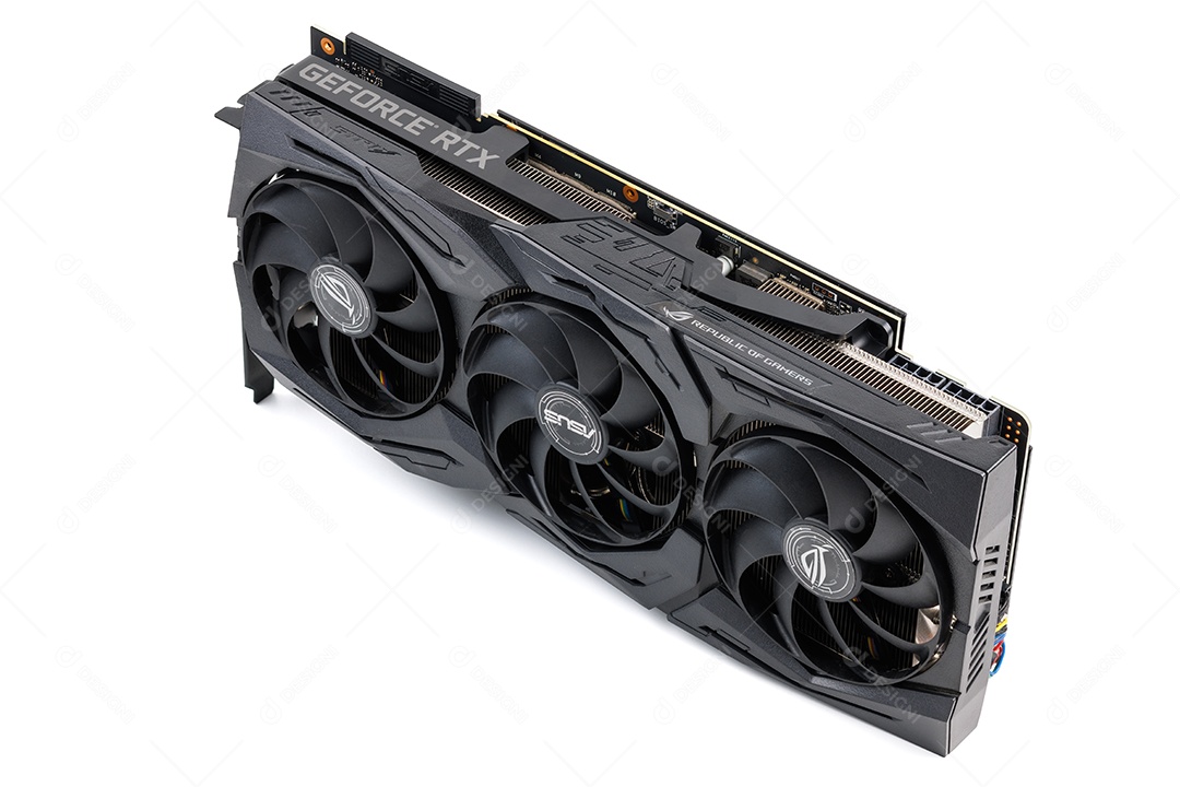 Grande placa de vídeo preta para jogos contemporâneos isolada em fundo branco