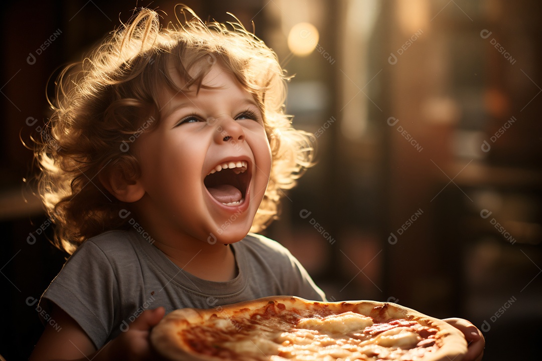 Linda criança comendo pizza