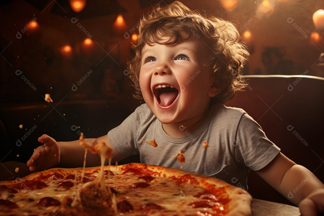 Linda criança comendo pizza