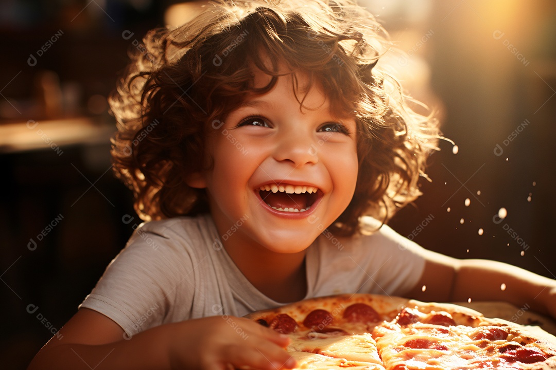 Linda criança comendo pizza