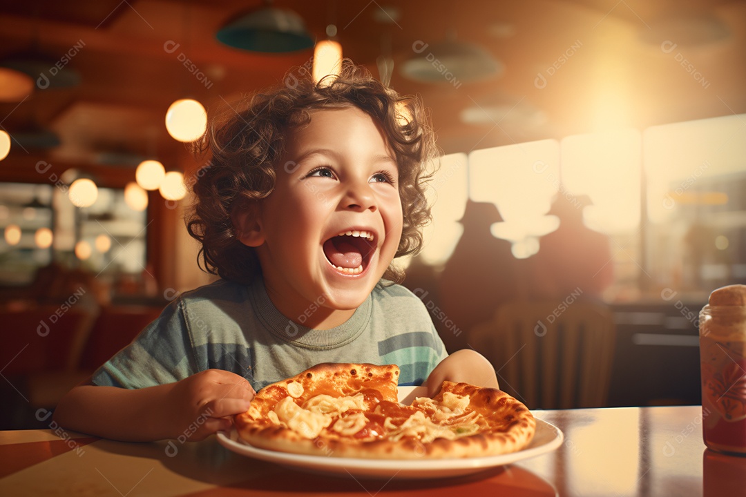 Linda criança comendo pizza