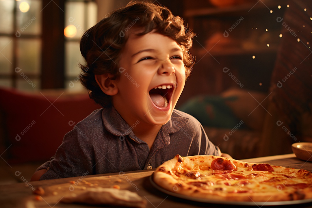 Linda criança comendo pizza