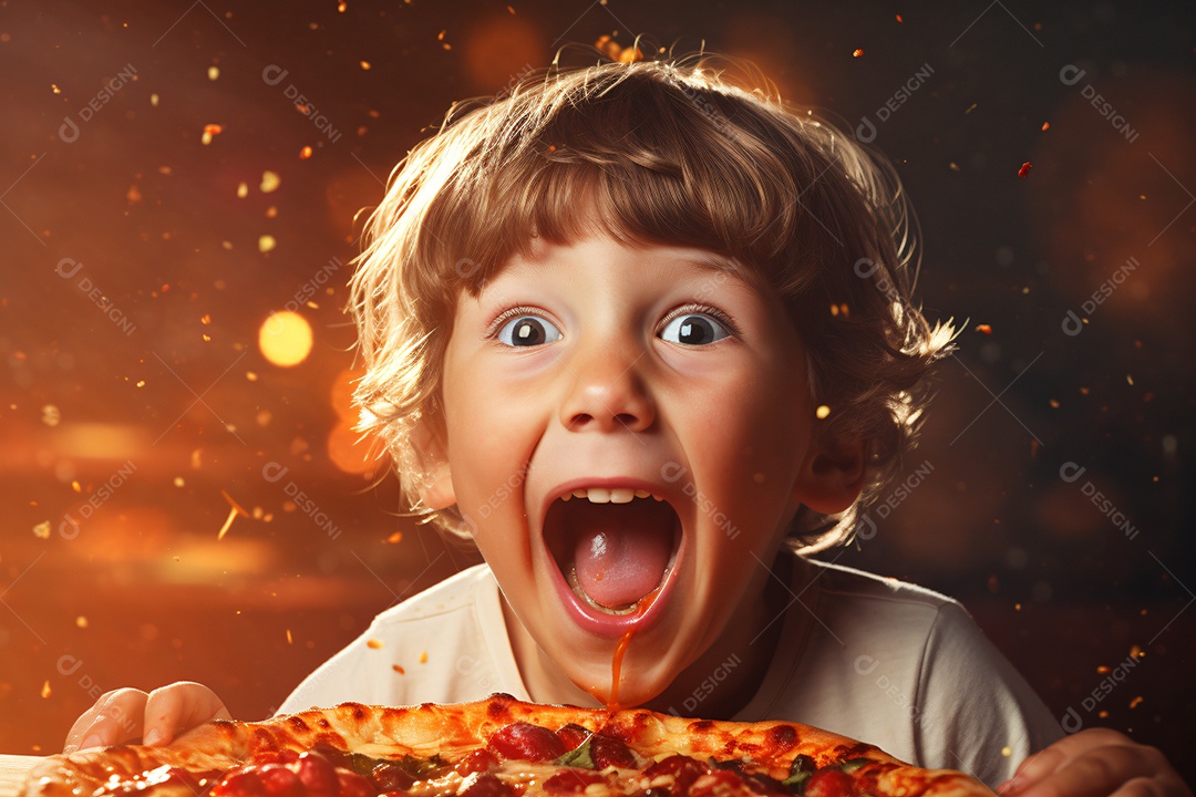 Linda criança comendo pizza