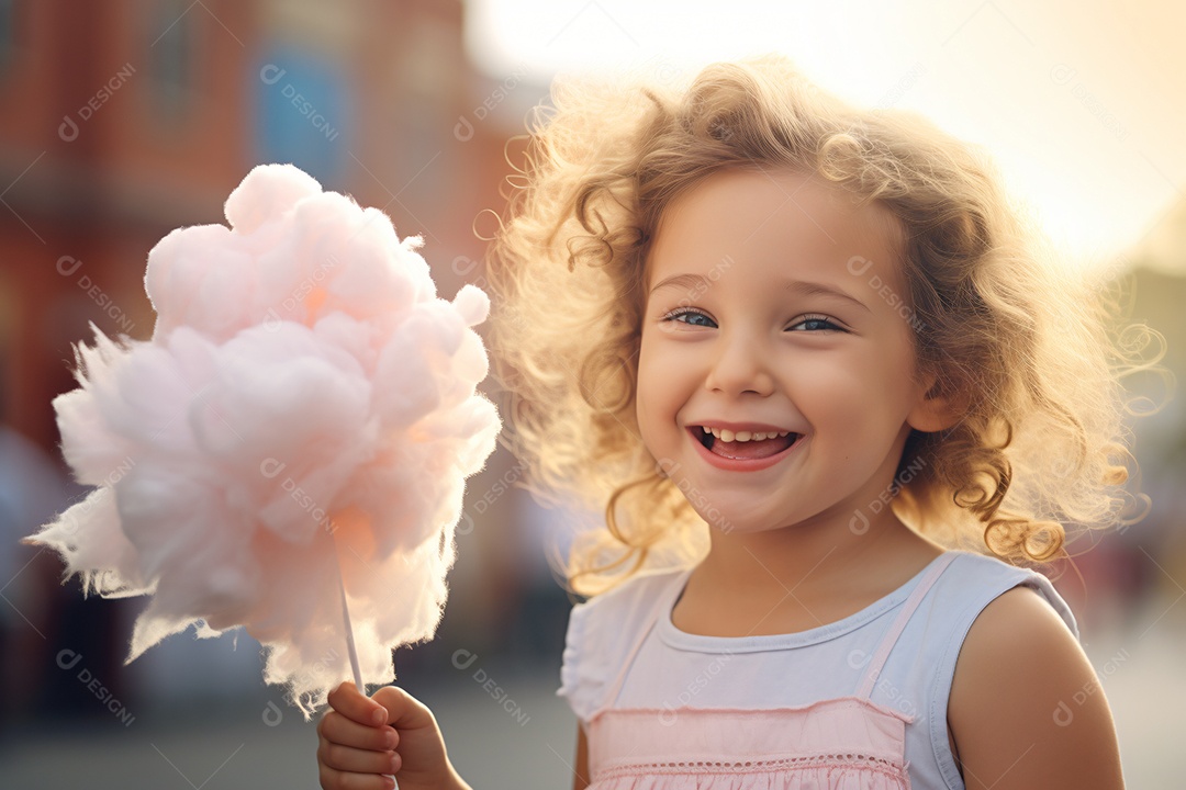 Linda garota comendo algodão doce