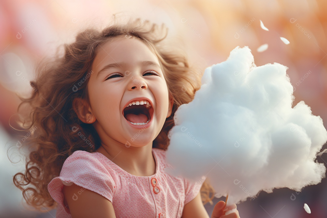 Linda garota comendo algodão doce