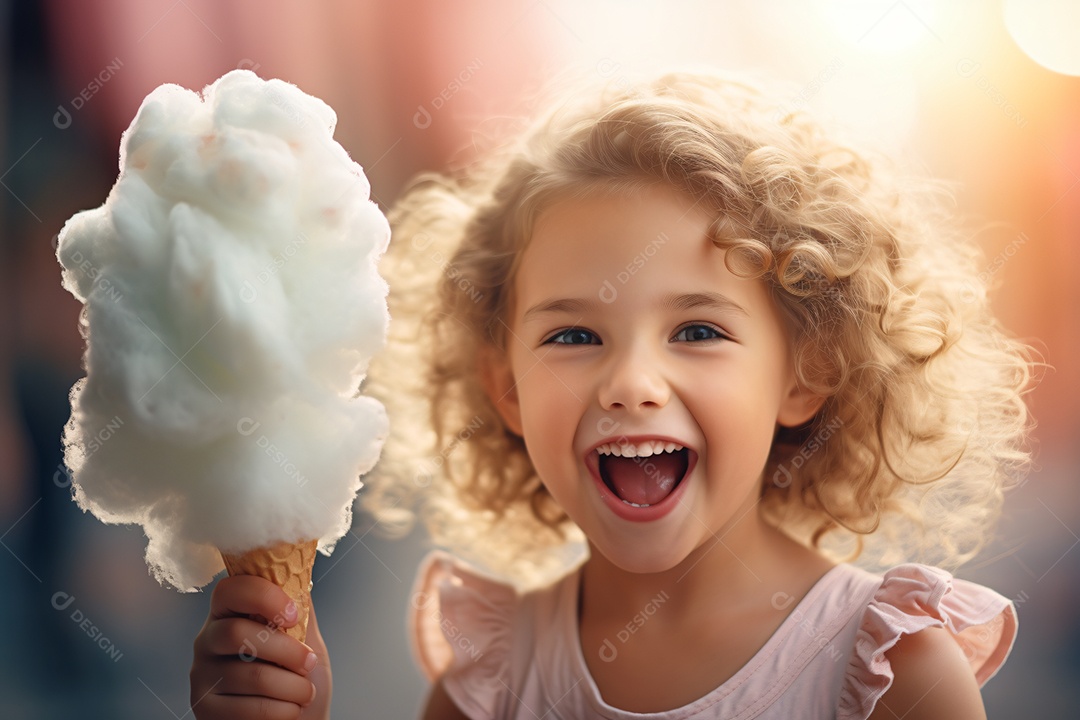 Linda garota comendo algodão doce