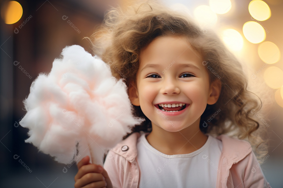 Linda garota comendo algodão doce