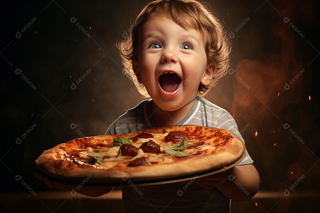 Linda criança comendo pizza