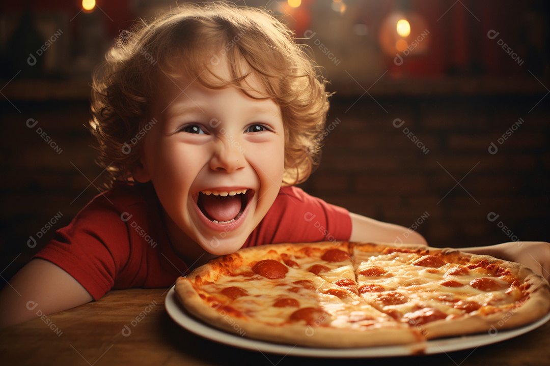 Linda criança comendo pizza