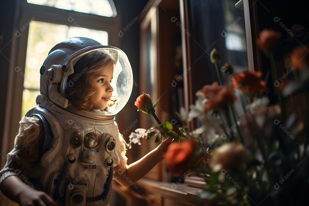 Linda criança brincando de astronauta