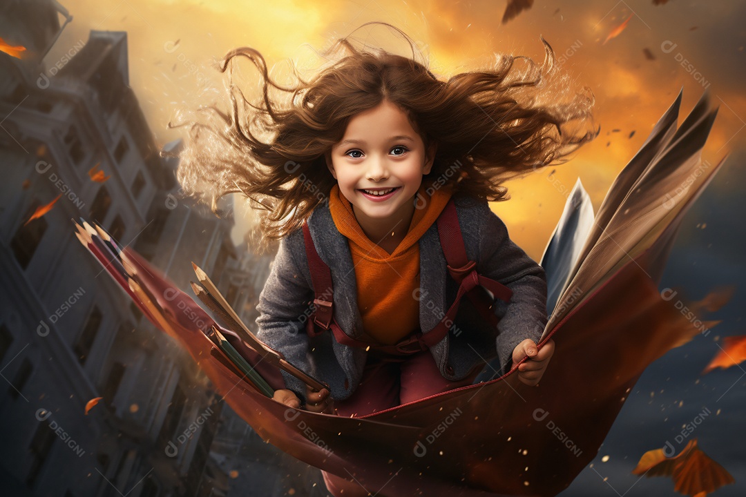 Linda criança voado sobre mundo mágico