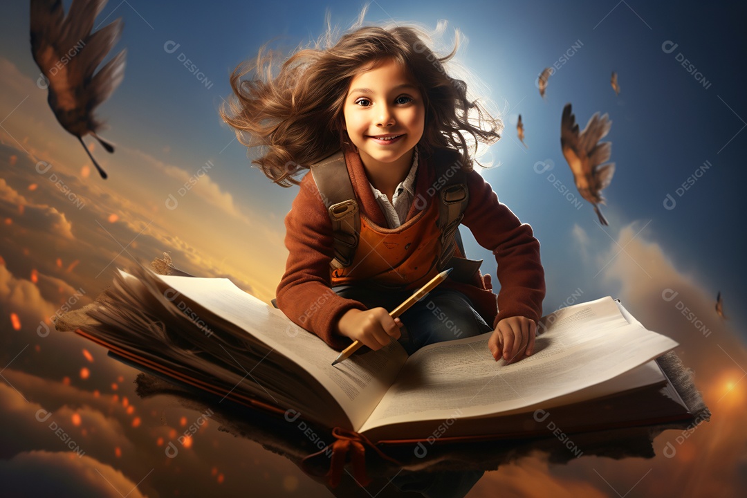 Linda criança voado sobre mundo mágico