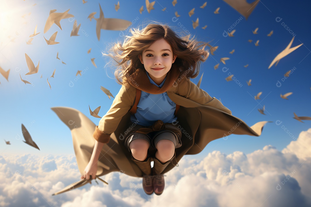 Linda criança voado sobre mundo mágico
