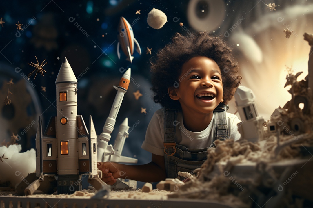 Linda criança brincando com foguetes