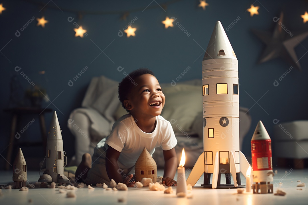 Linda criança brincando com foguetes