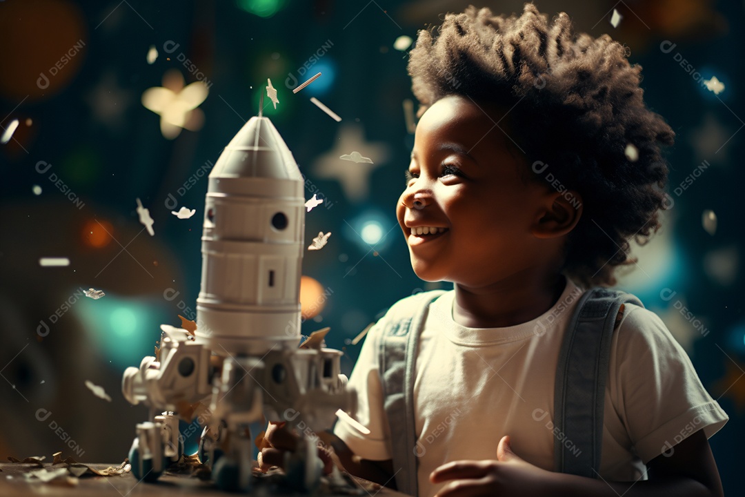 Linda criança brincando com foguetes