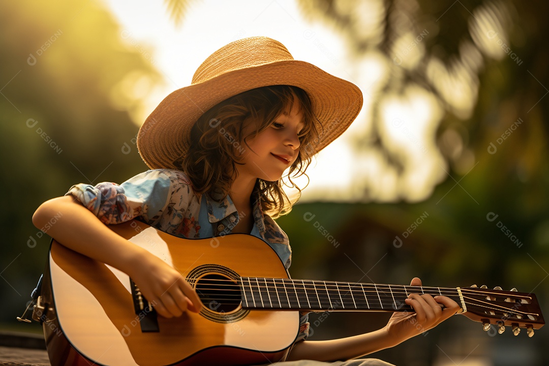 Linda criança tocando violão