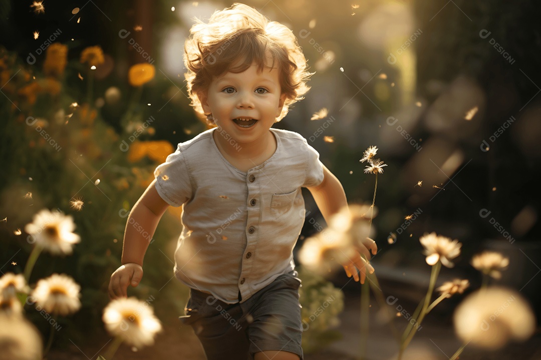 Linda criança correndo no campo florido