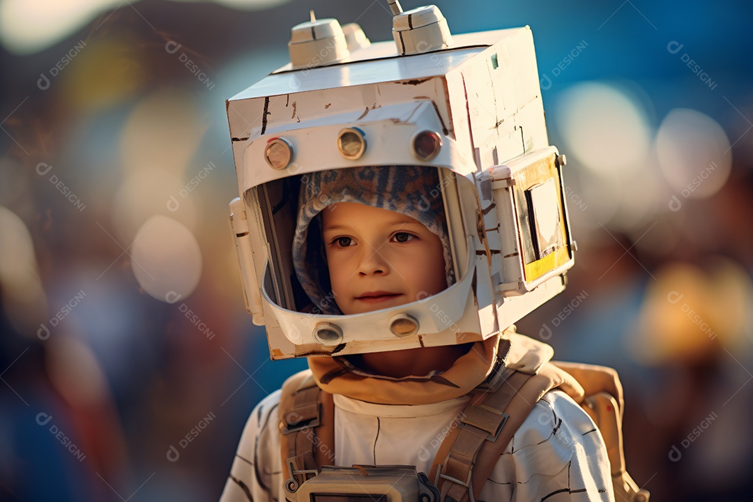 Linda criança com fantasia de robô