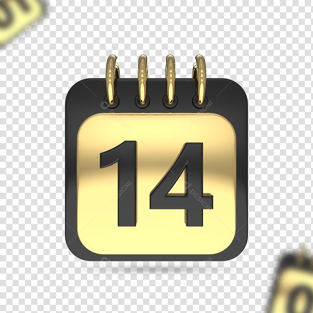 Calendário 14 Dourado Preto Elemento 3D para Composição PSD