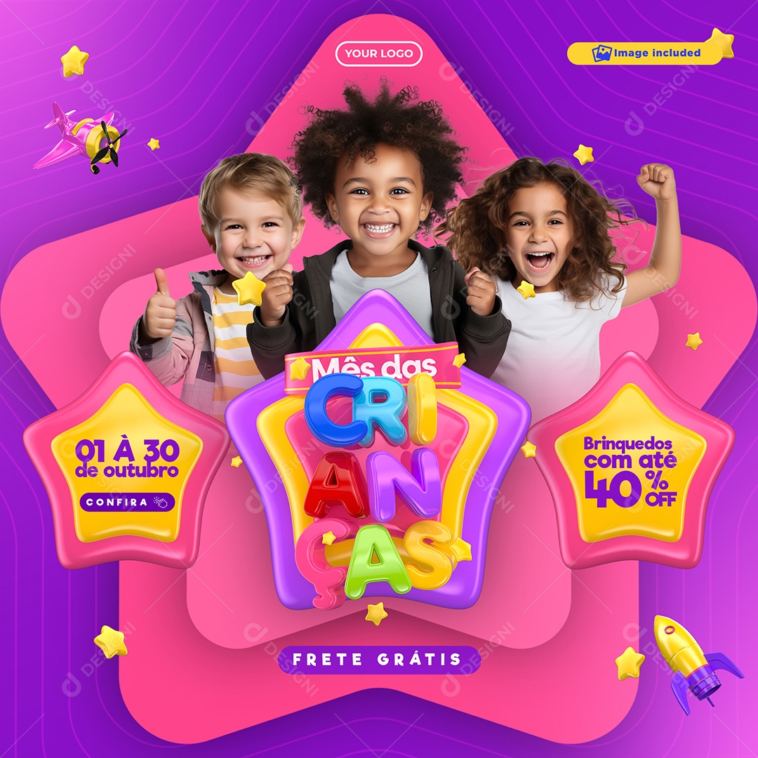 Mês das Crianças Loja de Brinquedos Frete Grátis Brinquedos com Até 40% Off Social Media PSD Editável