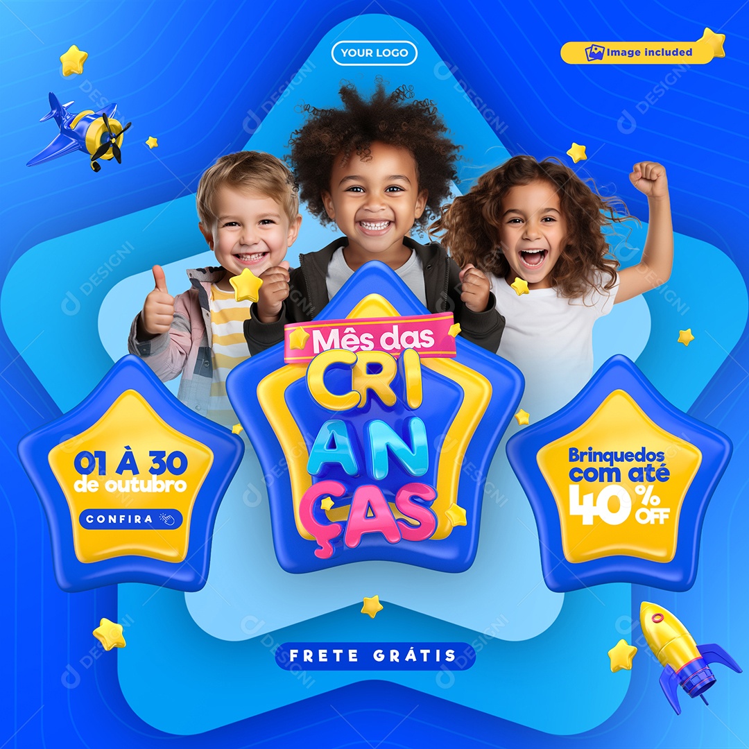 Mês das Crianças Loja de Brinquedos Brinquedos com Até 40% Off Social Media PSD Editável