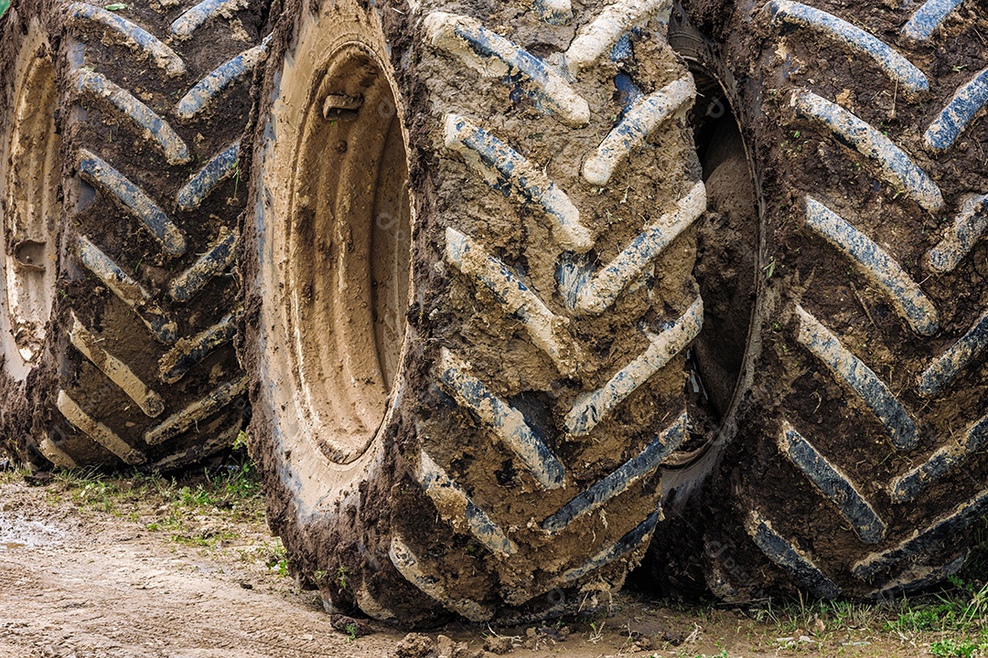 Rodas duplas sujas de trator agrícola em dia de verão