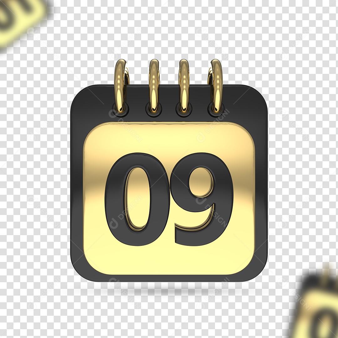 Calendário 09 Preto Dourado Elemento 3D para Composição PSD