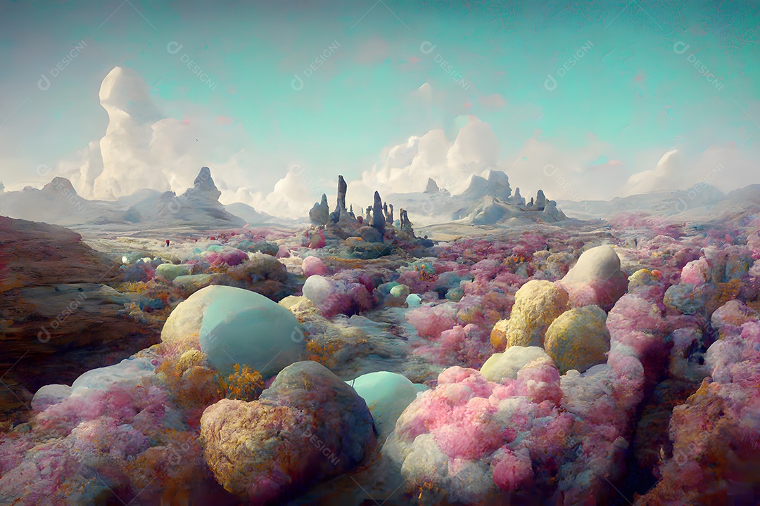 Paisagem vulcânica de campo de lava de planeta alienígena com lama preta e grama verde