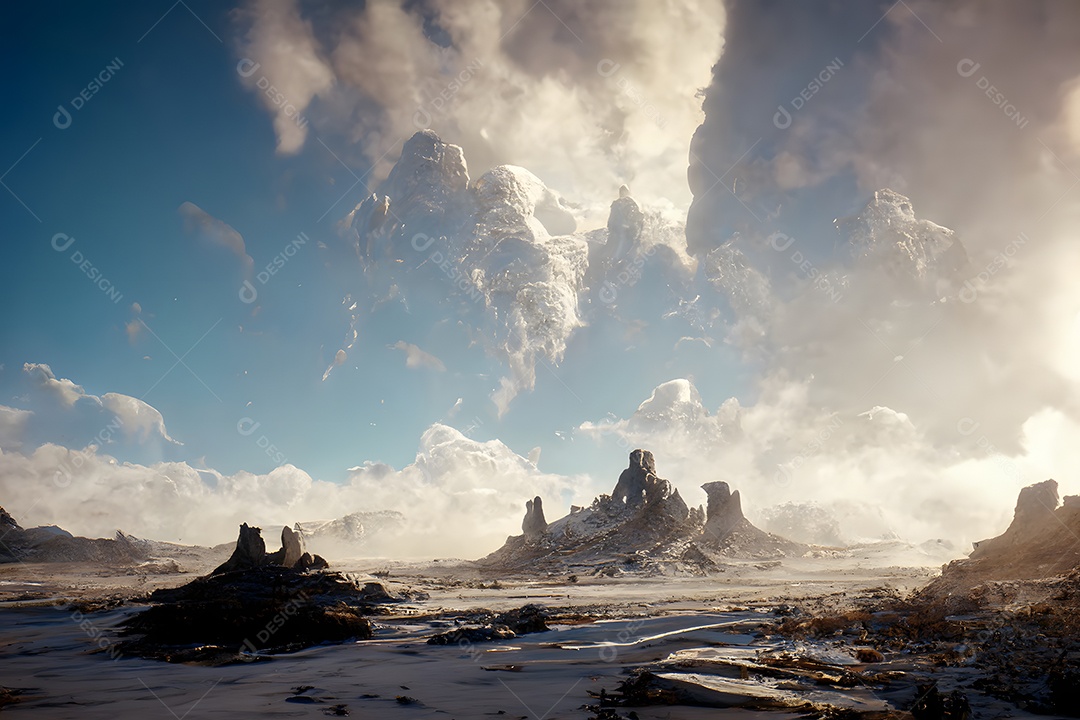 Paisagem vulcânica de campo de lava de planeta alienígena com lama preta e grama verde