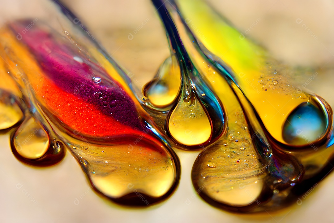 Gotas de óleo coloridas transparentes em close-up de fundo abstrato
