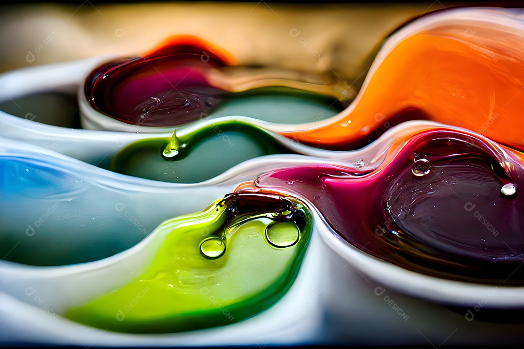 Gotas de óleo coloridas transparentes em close-up de fundo abstrato