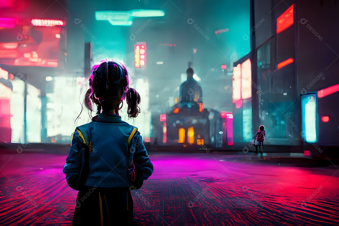 Menina de costas com mochila olhando para a rua cyberpunk neon à noite