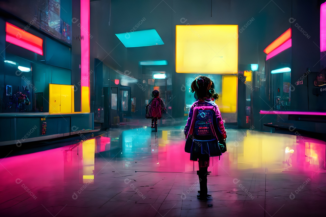 Menina de costas com mochila olhando para a rua cyberpunk neon à noite