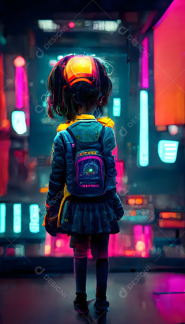 Menina de costas com mochila olhando para a rua cyberpunk neon à noite